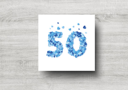 50th Birthday Card / Blue Hearts Numbers / Printed Design