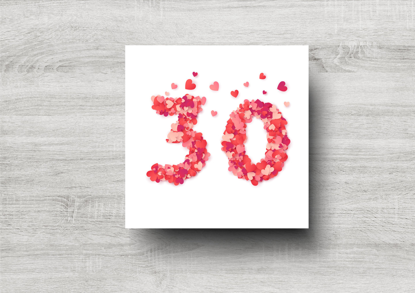 30th Birthday Card / Red Heart Numbers / Printed Design