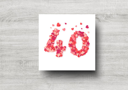 40th Birthday Card / Red Heart Numbers / Printed Design